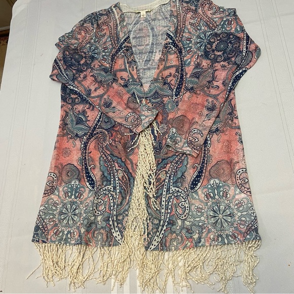 Boho Pastel Fringed Light Weight Womens Cardigan EUC Size L - Picture 4 of 8